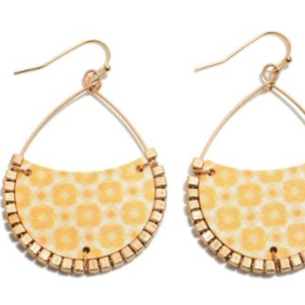 Floral Print Wooden Teardrop Earring
